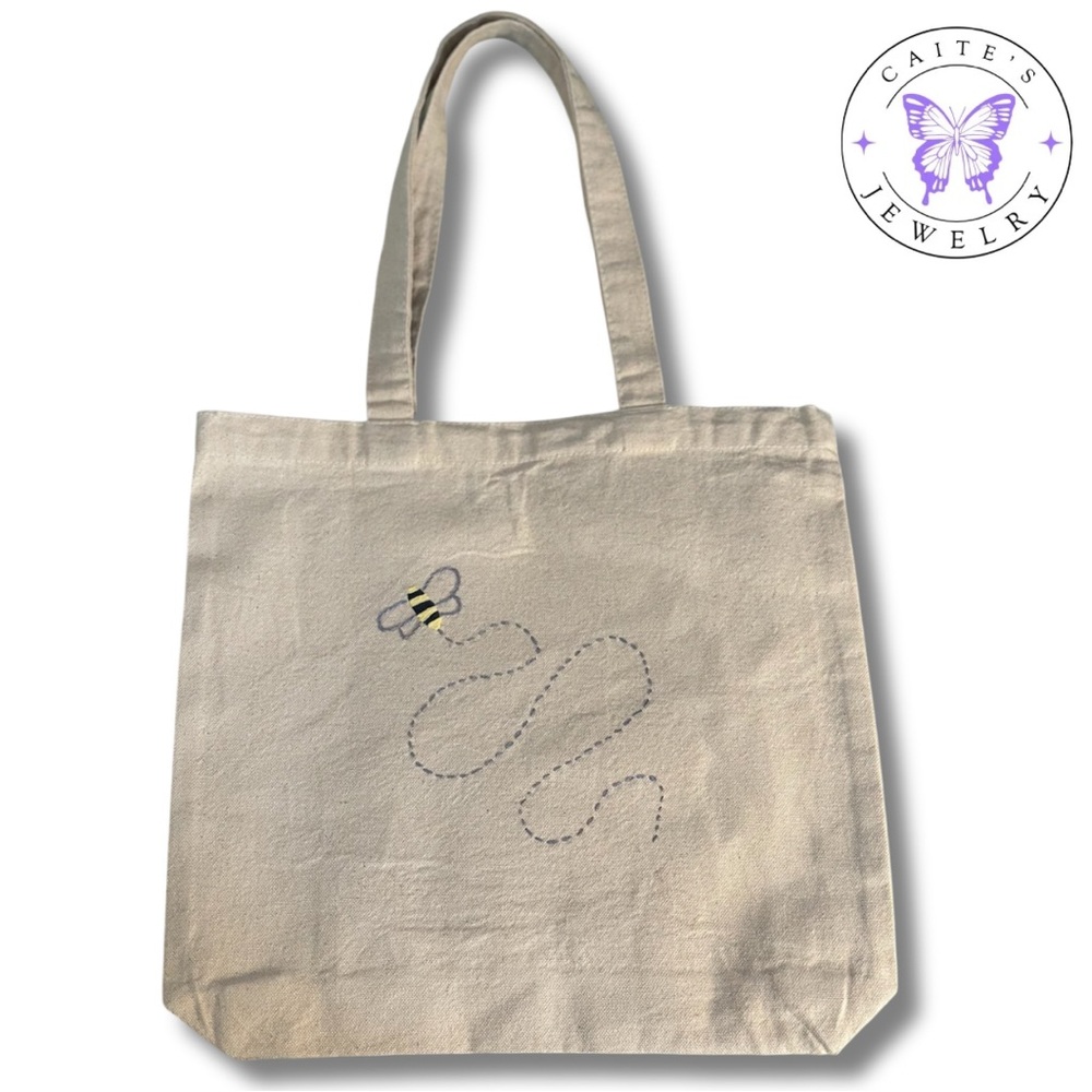 Handmade Embroidered Natural Bee Tote Bag